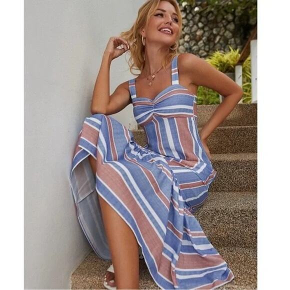 ZARA Striped Linen Blend Midi Sun Dress Red White Blue Mermaid Hem Womens Small - Picture 9 of 11